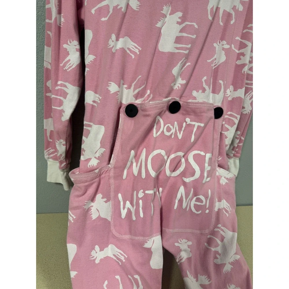 Lazy One Pink Moose Print Pajama Jumpsuit Women's Size Medium Button Up Footless